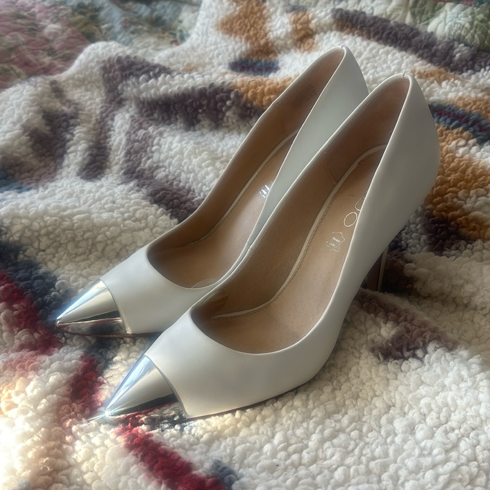 White leather stilettos